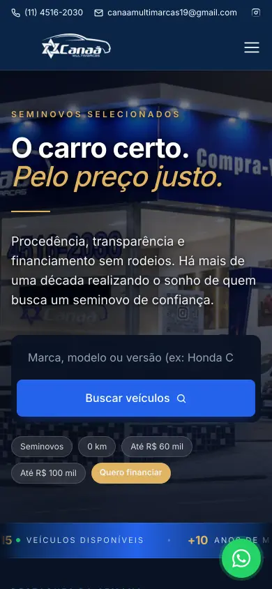Site de Canaã Multimarcas, feito pela ClickNex